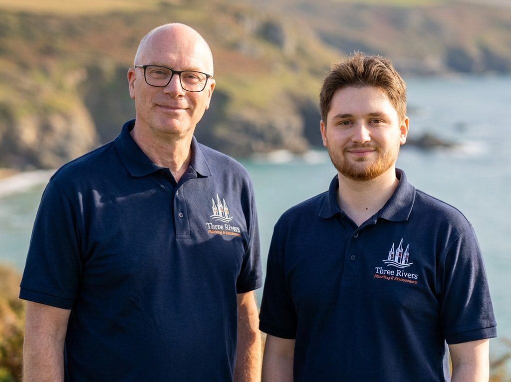 Photograph of a father and son wearing Three Rivers uniforms standing with a Cornish clifftop backdrop